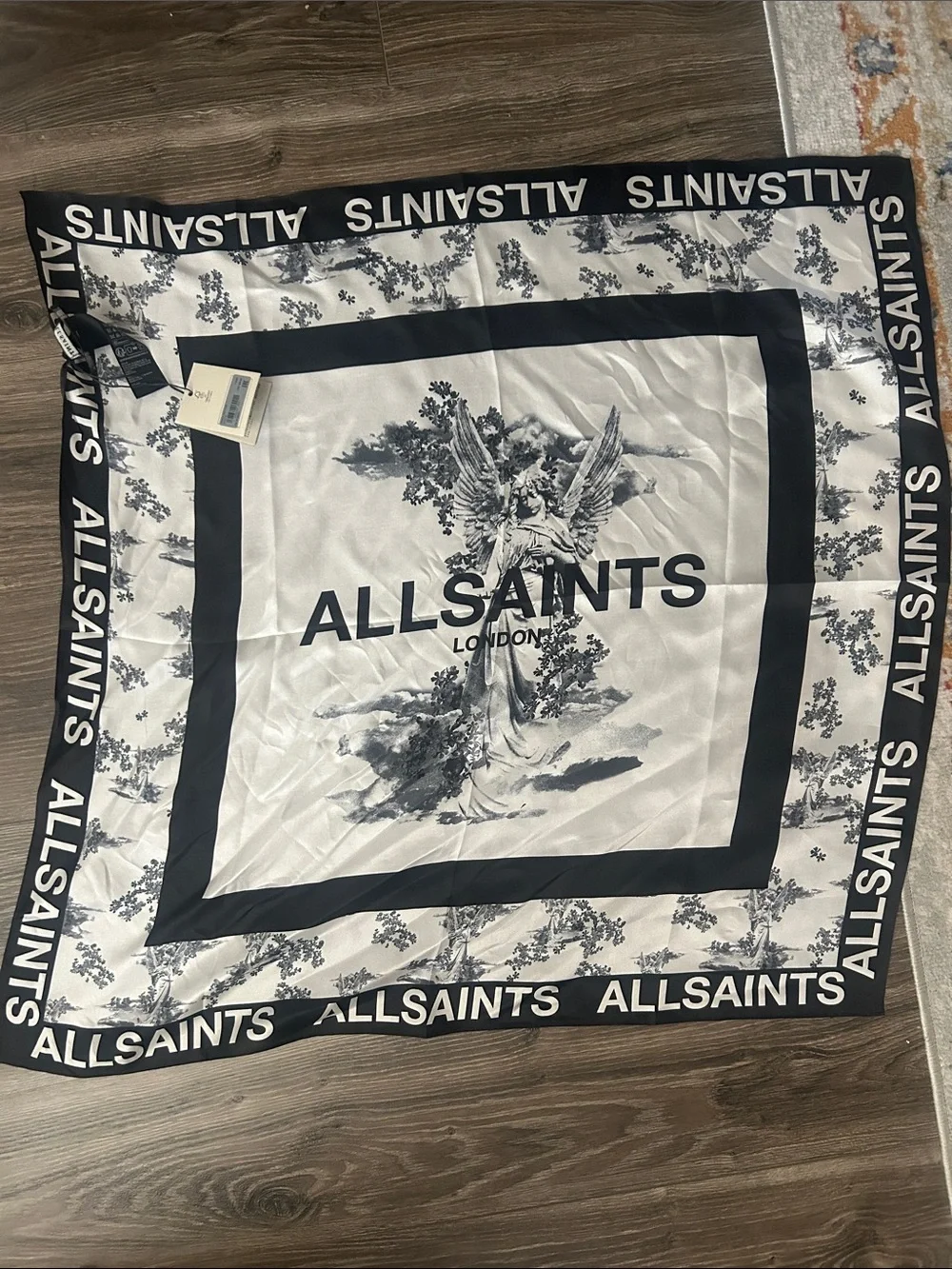 NWT AllSaints Black and White Logo Square Silk Scarf